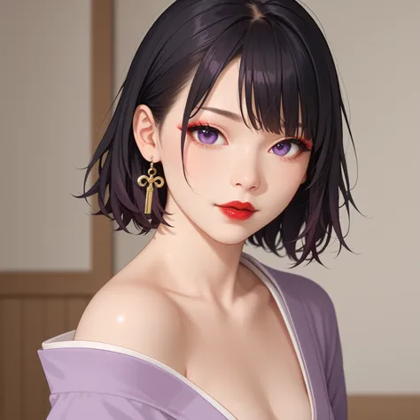 middle body shot, sexy asian woman, (asian face), red eye shadow,  pale skin, hair tied back with knitting needles, bare shoulder, skinny, middle body shot, small breasts, slim body, red lips, black hair, bangs on the face, big purple eyes, short kimano wi...