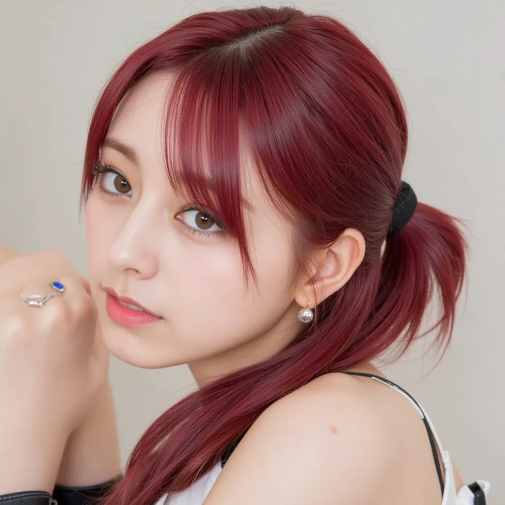 Silky smooth hair、Play the bright red hair and black two-tone bangs、 hairstyle is straight、Long hair up to chest、The hairstyle is a ponytail、(Back hair１Summarized into)