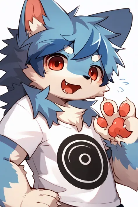 score_8_up, score_7_up, score_6, source_furry, source_anime, very detailed, ((furry, (kemono), anthro)), solo, solo focus, furred_wolf, long fur, fluffy fur, wolf ears, fluffy tail, grey body, red eyes, blue hair, T-shirt, cute face, (male:1.5), kawaii, ex...