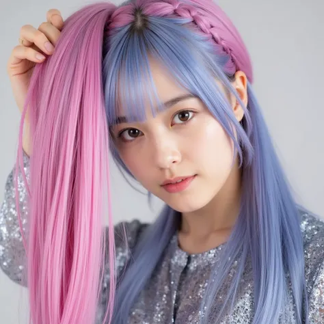 Silky smooth hair、pink blue hair color、 hairstyle is straight、Long hair up to chest、 Long Hair Ponytail 