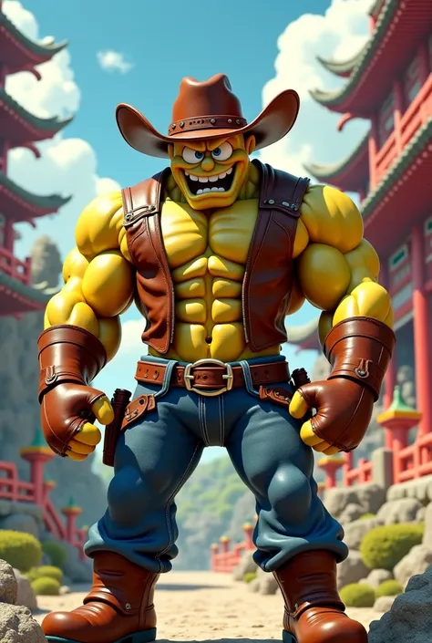 Muscle buff SpongeBob wearing cowboy outfit with hand gloves, holding a screaming chicken toy, action pose, background oriental chinese