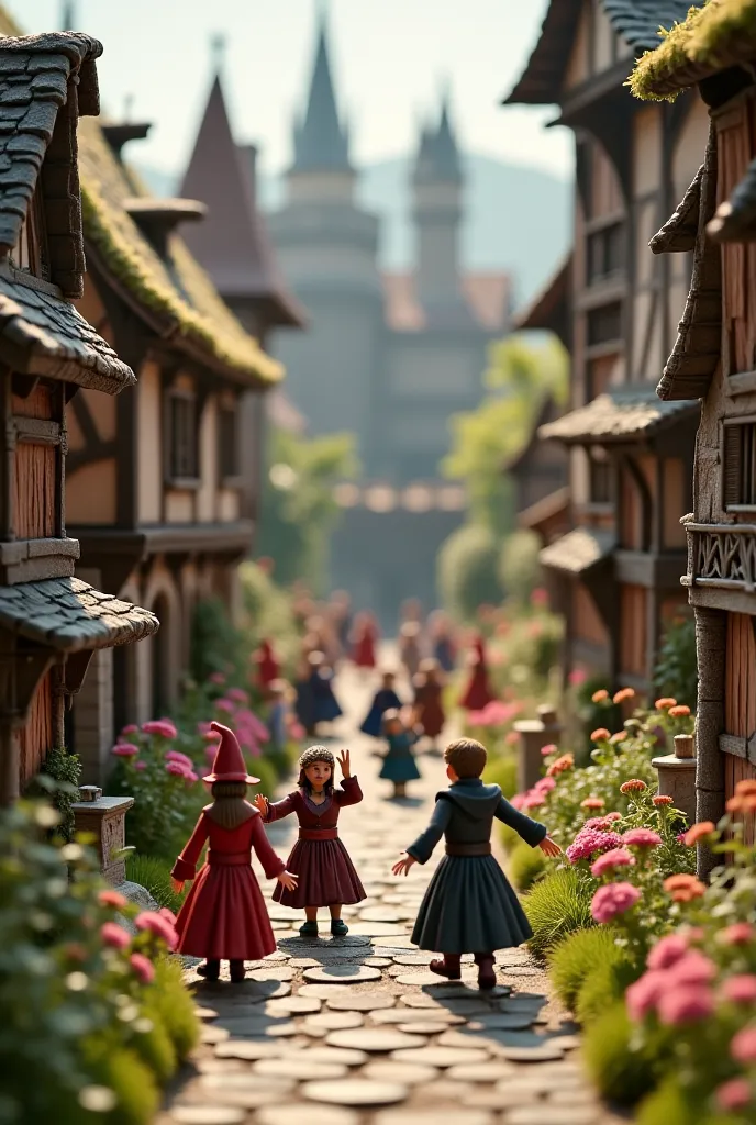 Medieval toy village, estilo slow motion, The village has cute magic wizards and soldiers in armor, dancing,  8K Ultra HD