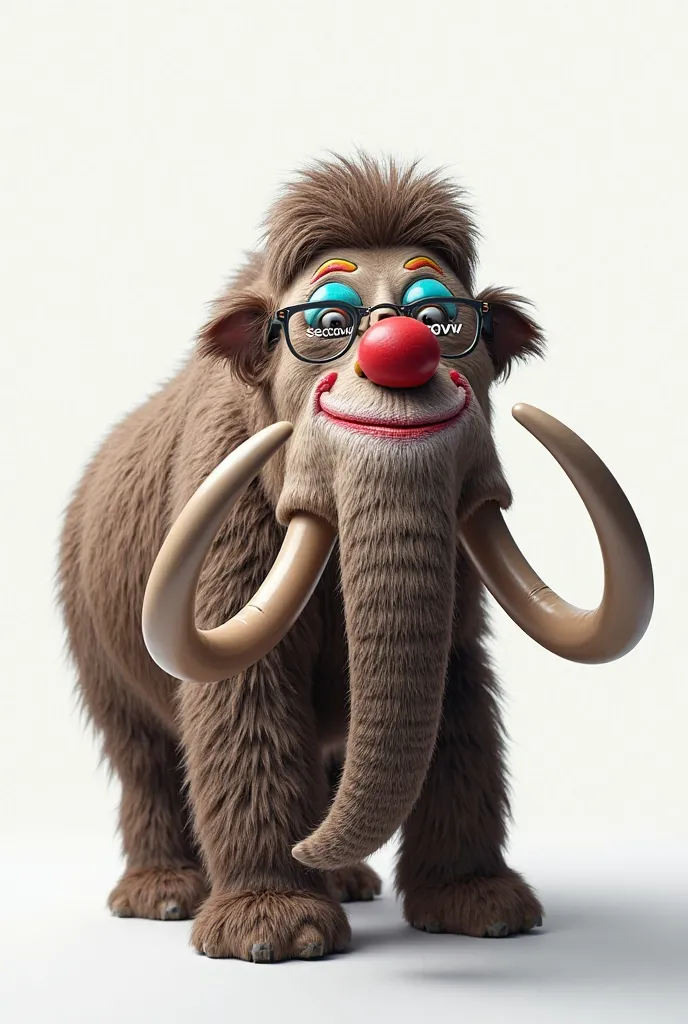 Make a mammoth with clown makeup and with glasses written "secdow", The background of the photo must contain something minimalist white