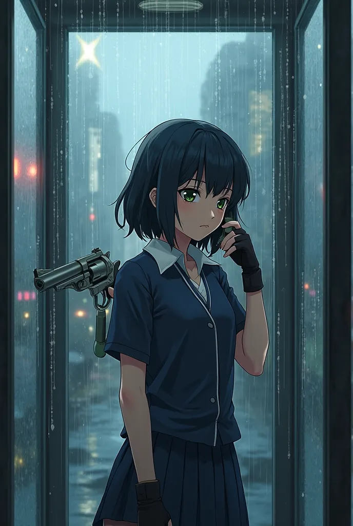 Anime girl inside a telephone booth while its raining, she has a school uniform, gloves and shes loading a revolver while talking on the phone shes holding with her shoulder