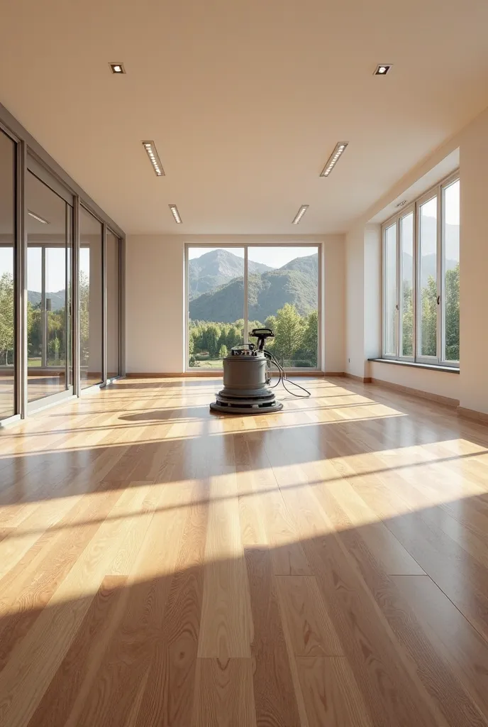 Create a realistic image of a large room, empty, without furniture or carpets. The floor is of newly installed solid wood parquet, still unvarnished, but already sanded (Cuddled), showing its natural texture. in the Environment, include a professional parq...