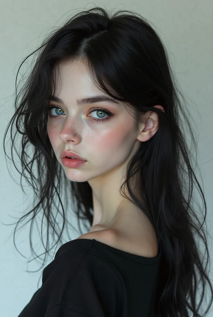 Girl with black hair in black casual clothes. Pale skin, blue eyes, looks 18, no makeup, tattoo on neck, slim body.