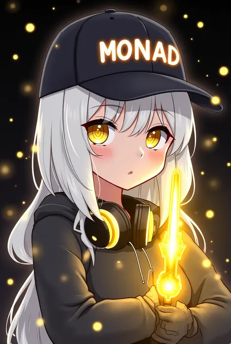 A futuristic anime-style character with glowing white hair, wearing a dark cap with 'MONAD' written on it. The text on the cap emits a bright, flashing glow. The character has golden headphones around their neck and holds a mystical, glowing golden weapon....