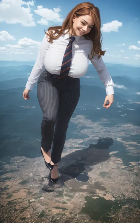 100 km tall giga giantic, curvy 40 year old ladies with a beautiful smile, bigger than a giant city, curvaceous figure, massive beast, and very very long ginger hair, with a curvaceous figure and massive natural breasts. wearing a tailored italian light gr...