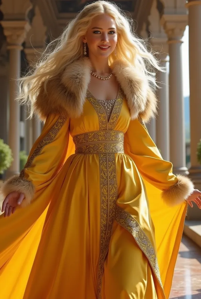 Une jeune et belle femme Targaryen 1 avec des vêtements royaux jaune fourrure, Elle rit et court à travers une Varanda royale 