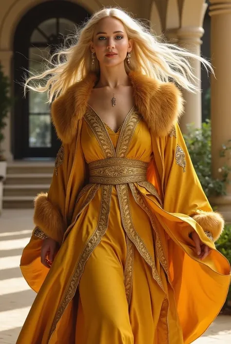 Une jeune et belle femme Targaryen 1 avec des vêtements royaux jaune fourrure, Elle rit et court à travers une Varanda royale 