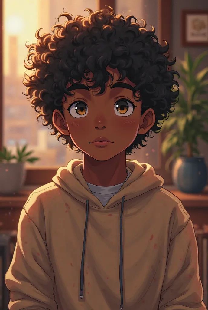 A male anime character, of African-American descent, with curly hair up to her eyes and wearing a sweater