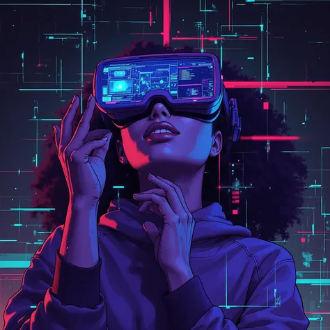 A futuristic illustration of a person wearing a sleek VR headset that merges seamlessly with their face, surrounded by overlapping digital interfaces. Through the lenses, we see a hyper-realistic, vivid virtual world brimming with vibrant neon hues, hologr...