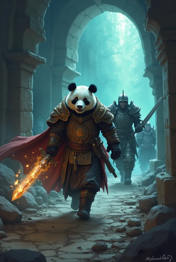 un panda heal chaman qui fuit avec un chevalier de la mort en plaque et qui se font poursuivre par des monstres en sortant d'un donjon genre fan art sur le theme de world of warcraft