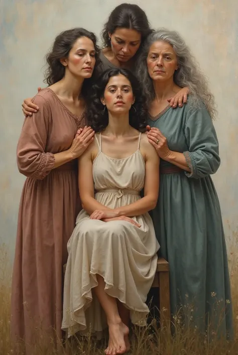 Four generations of women carry on their shoulders a seated young woman realistic type of painting 