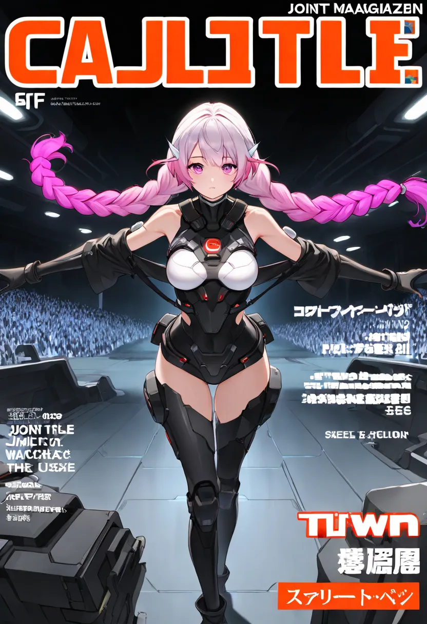 1 Girl， solo，twin_braids,gradient hair,, Chest，watching the audience，，大Chest，，sci-fi，joint，joint， magazine cover