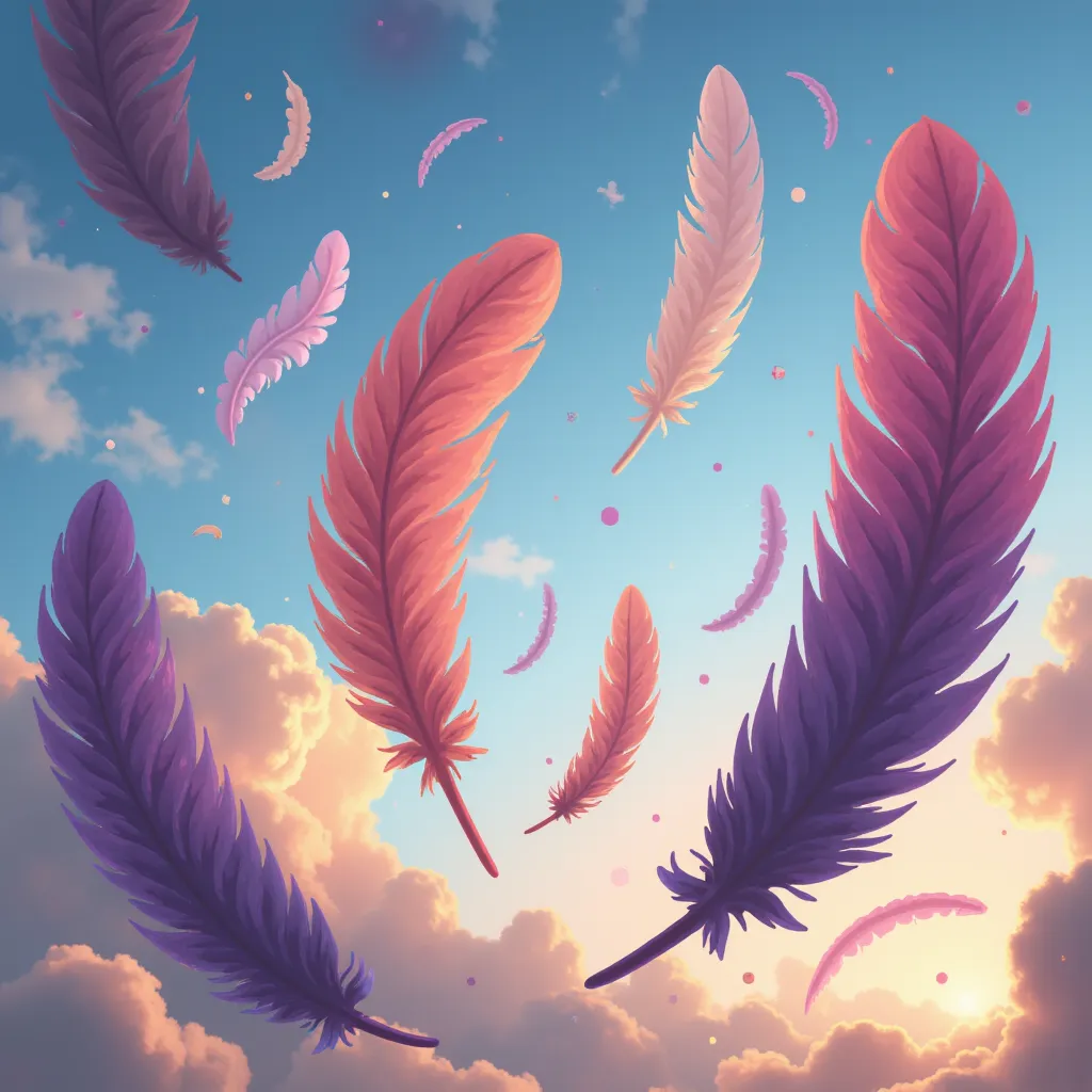  masterpiece、(Highest quality、High Resolution、4K、Created in 8k)、( real 、Photorealistic:1.5)、((((A Floating big Feather))))、giant feathers in the sky、七colorの羽が舞う、color々なcolorの羽が舞う、wind、rotate、blue sky、Dramatic light、 real な自然、dynamic composition、Atmosphere、...