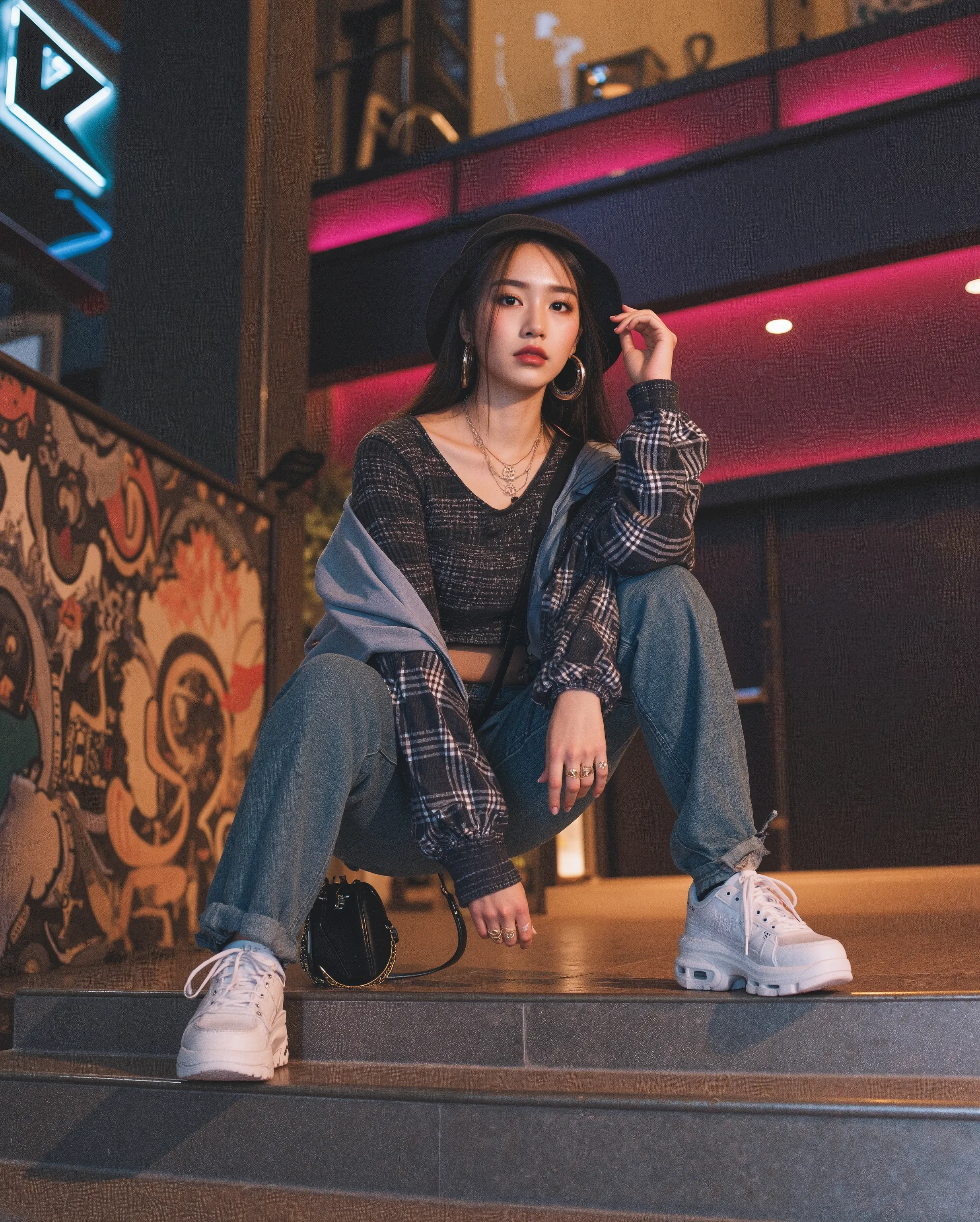 A young Malaysian Malay woman, aged 20-27, exuding confidence and style in a trendy streetwear outfit. She wears a stylish crop top paired with high-waisted cargo pants or baggy jeans, layered with an oversized jacket or flannel for a chic yet edgy vibe. H...