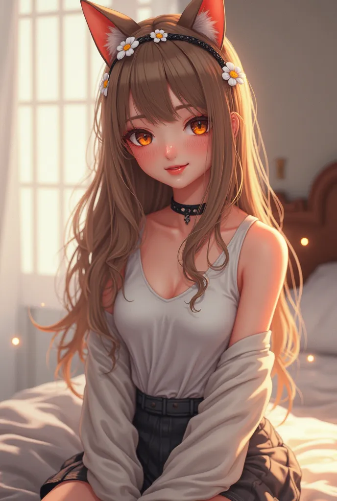 ((t-shirt)), ((masterpiece)), (masterpiece),(mujer adulta), long light brown hair, colored hair, elegant mature women, beautiful and detailed hair ;(hair over one eye:1.21,BREAK;  orange eyes ,  smile, pose sexy,  t-shirt,  adhere , cat ears, Beautiful fac...