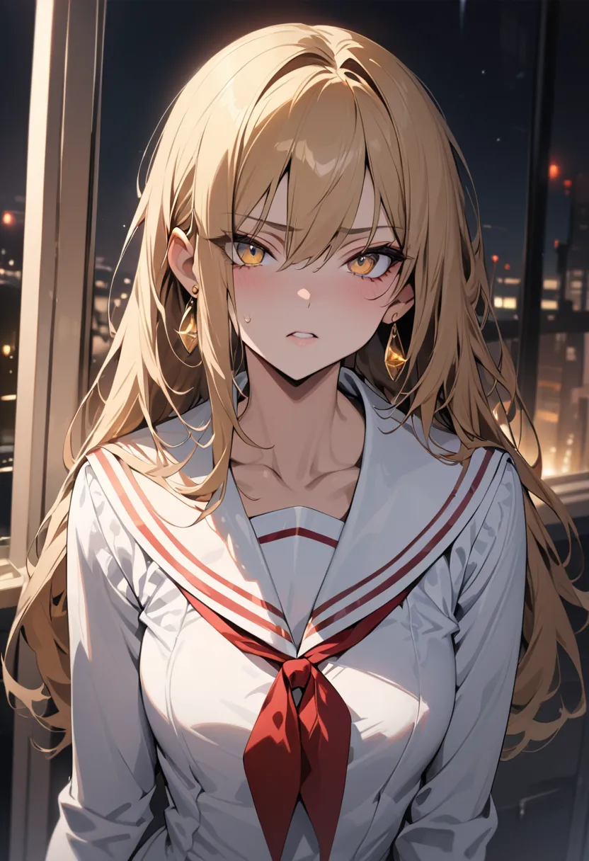 ((Greatest Masterpiece,Ultra High Quality:1.2)),(super resolution),(solo),cowboy shot, hotel at night,Slender woman standing by the window,beautiful faces, long golden hair,perfect golden eyes, staring at you , serious expression,High quality sailor suit, ...