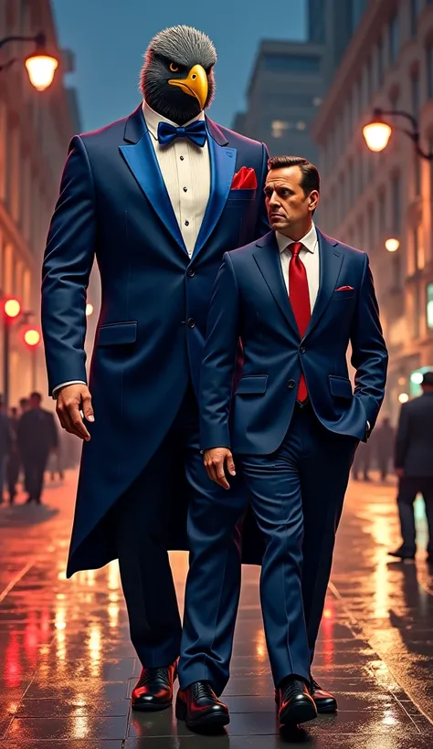 A hyper-realistic digital painting of a powerful and imposing humanoid figure with the body of a muscular man dressed in an elegant blue tuxedo with a red pocket square, but with the head of a fierce Andean condor, representing the national symbol of Chile...