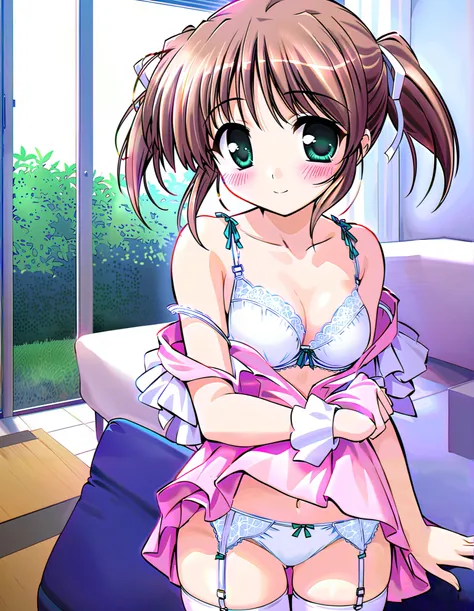 Asagiri Mai, Alone, (cowboy shot), brown hair, short hair,  hair ribbon, twintails,  green eyes, small breasts, cleavage, underwear, lingerie, white bra, panties, white panties, garter belt, white thighhighs, (shy:1.1), (blush), (smile), (I'm fascinated:1....