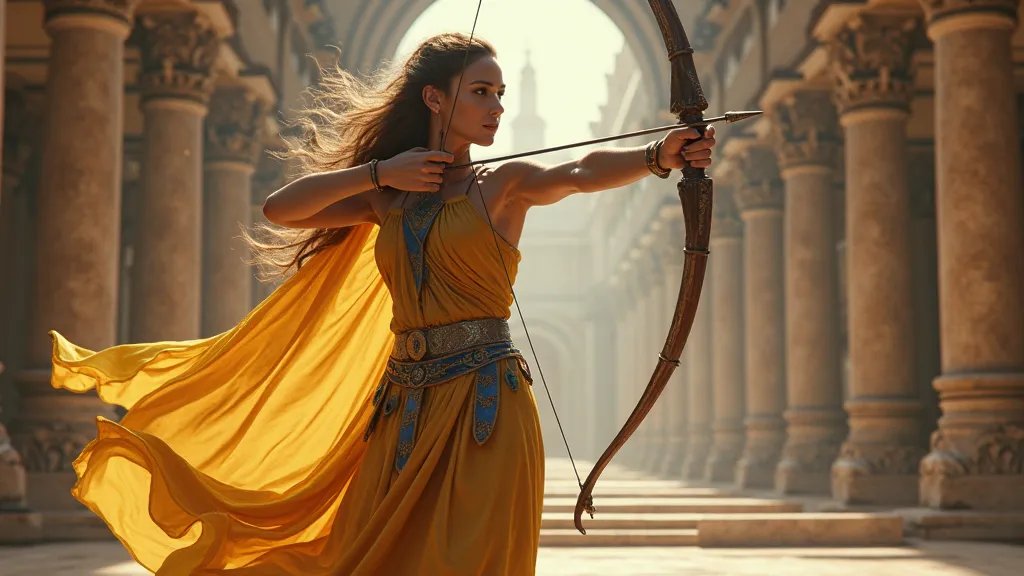 goddess artemis, main color yellow , brown, blue, archery standing position, slightly jump up, standing in the palace,drawing angle from the bottom up, close-up, 4K quality 