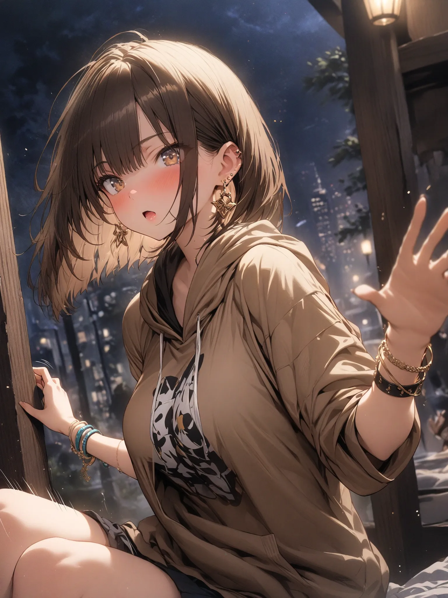 (masterpiece, detailed:1.2), One Girl, (18-years old), brown long Bob Cut, Medium Breasts, hoodie, bracelet, earring, BREAK, Highest quality, BREAK, Random sitting Poses, Random angle, Random focus, BREAK, motion lines, at night