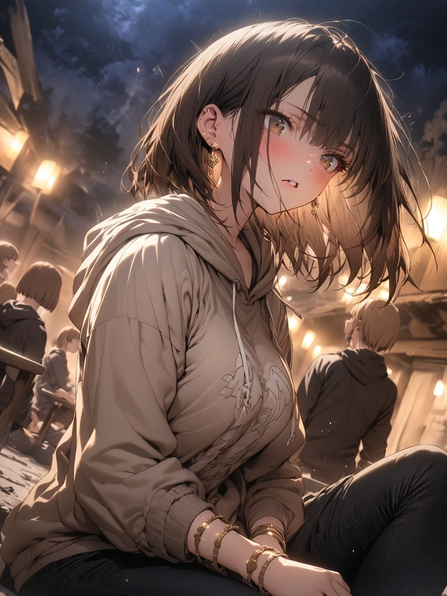 (masterpiece, detailed:1.2), One Girl, (18-years old), brown long Bob Cut, Medium Breasts, hoodie, bracelet, earring, BREAK, Highest quality, BREAK, Random sitting Poses, Random angle, Random focus, BREAK, motion lines, at night