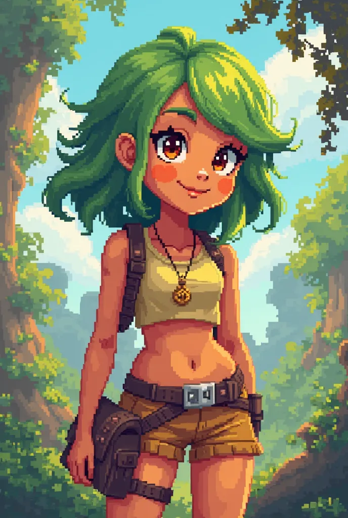 draw a pixel girl for RPG game with green hair and orange skin color 