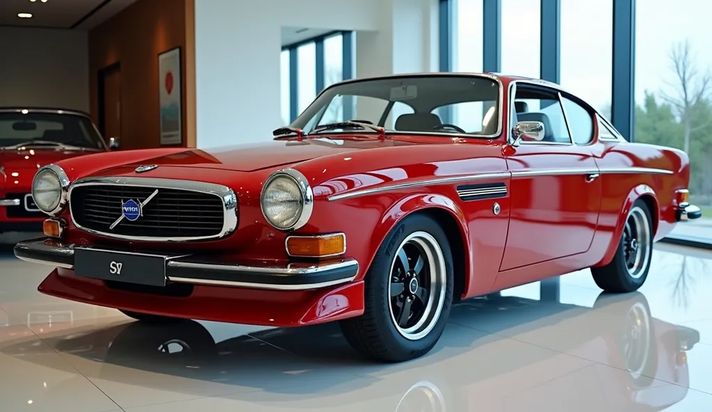 Sides view of painted red with shiny clour  Volvo P1800 S sleek in large  in large  size with 1999 Volvo logo on its large detailed grille in shiny white clour with angular sporty design captured from sides view with round headlights  & with a “Volvo” logo...