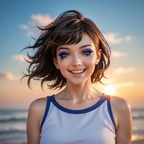 ( Hyperreality : 1.35), (realistic: 1.4),  beautiful Japanese woman, smile, alone. ((( without makeup))), masterpiece, 最high quality, high quality, alone,  very nice,  puberty,  Only One Girl, Well-trained slender body,  muscular, slender body,  opens his ...