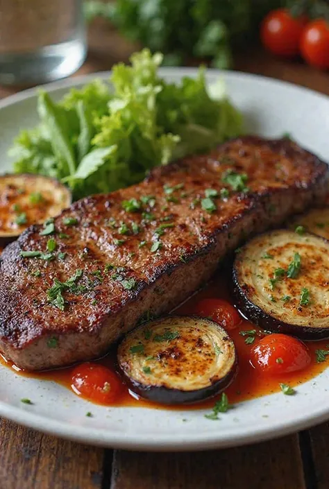 Create a dish with a steak cut of beef, Called Girelllo, with a side of grilled eggplant, and chard type vegetables, Cotta, and a bunch of lettuce. Without cherry tomatoes! repeat: WITHOUT CHERRY TOMATOES!!!