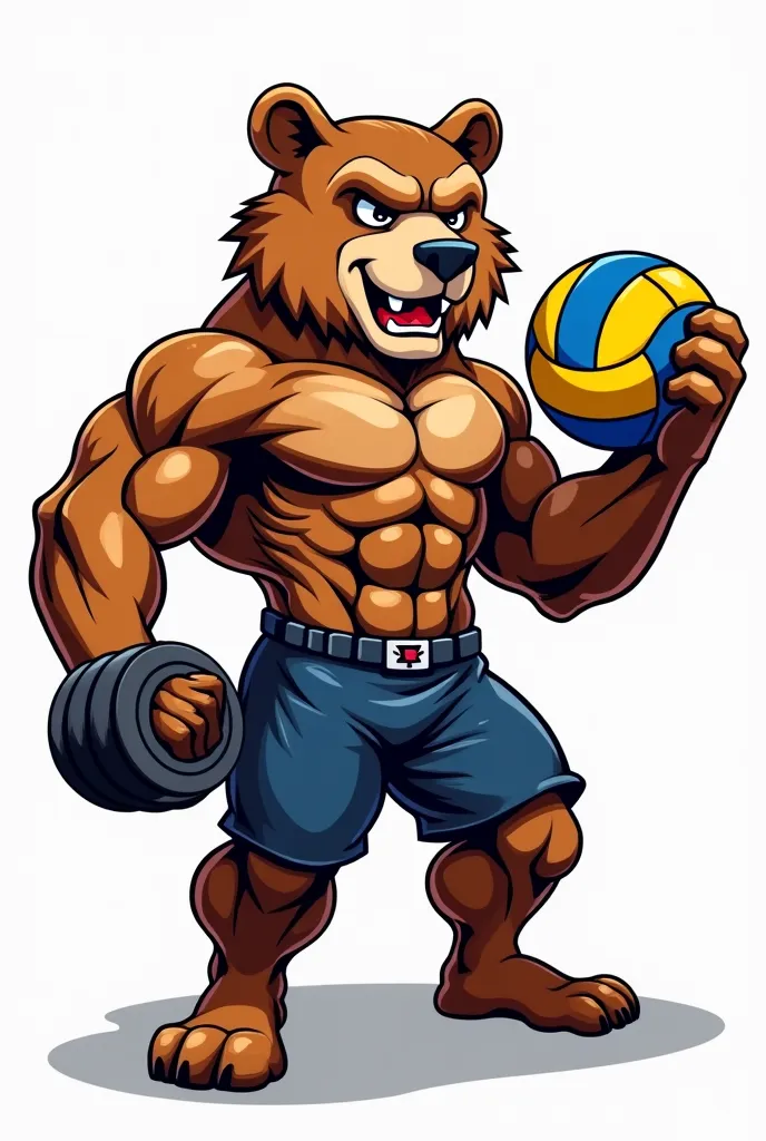 create an image for me "Muscular and athletic bear mascot, , determined eyes and, imposing . He is in a dynamic and energetic pose, holding a gym dumbbell in one hand and a blue and yellow volleyball in the other hand .  The art style is professional carto...