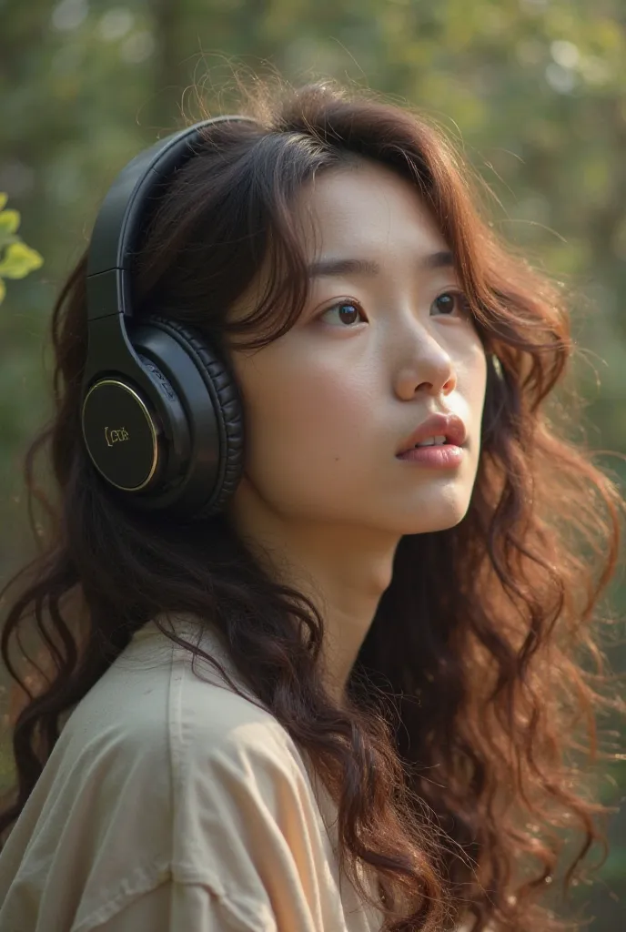 Create a photo of the back of a 17-year-old young Vietnamese girl, long brown curly light hair, listening to music