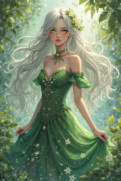 An elegant lady, her hair cascading around her face, her hair is silver, her eyes are glowing, even green, she looks like part of nature, she wears a green dress decorated with flowers and radiates with the power of nature, she is a beautiful anime lady wi...