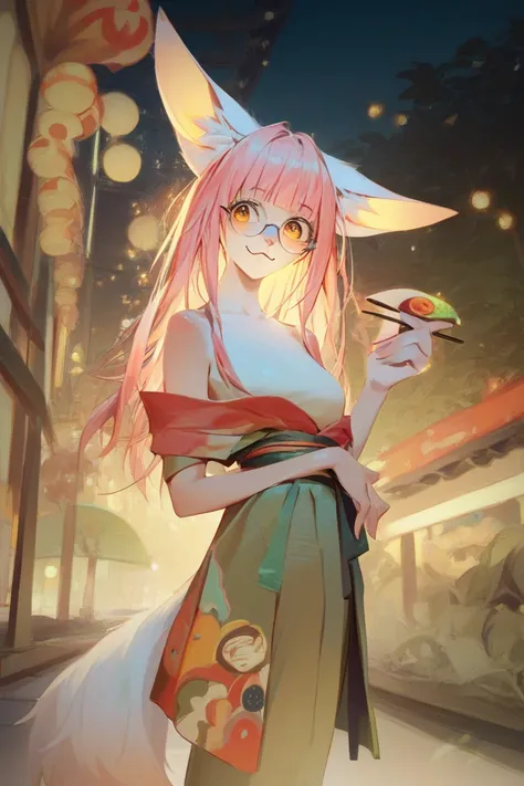 Anime adult girl 2D, Darling,wearing oval glasses , realistic body proportions, light erotica, a ajar kimono on his body, holds sushi sticks, breasts size 2, faded style,  cunning look,  raised eyebrows , fang sticks out,  Anime style, big ears and white f...