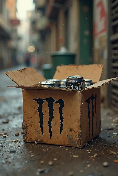 Ripped box of monster energy with one can taken oit