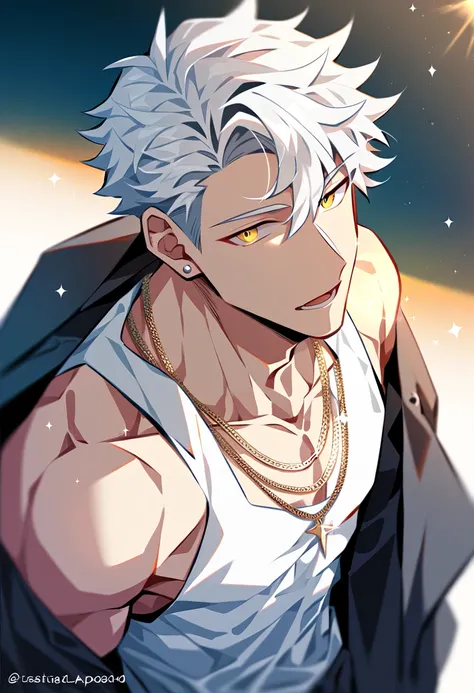 1 boy in low p,  for men,   Aori composition,View from above,toned male, toned, Pectoralis major, jacket, open jacket,  Open clothes, tank top, chain necklaces, necklaces, stud earrings, earrings,   jewelry,,  lens flare, Alone,  looking at a viewer with o...