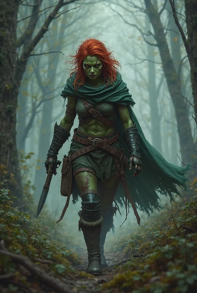 Goblin, Kobold, woman, Small,  green skin,  red hair top, short hair,  leather armor, scar over eye, facial scars, Ranger, cloak, Forest, fog, Night, Dolch