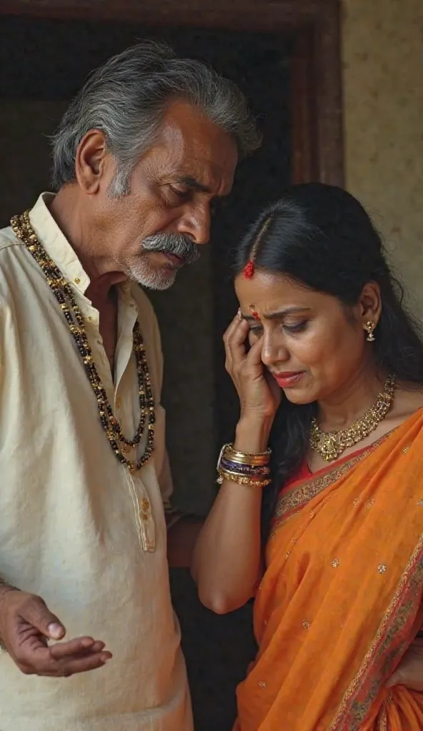 Prompt:
"A consistent family scene featuring the same father (50 years old, short black and gray hair, mustache, kurta-pajama) with furious eyes, furrowed brows, and a rigid stance. Beside him, his wife (around 45 years old, wearing a simple saree, with lo...