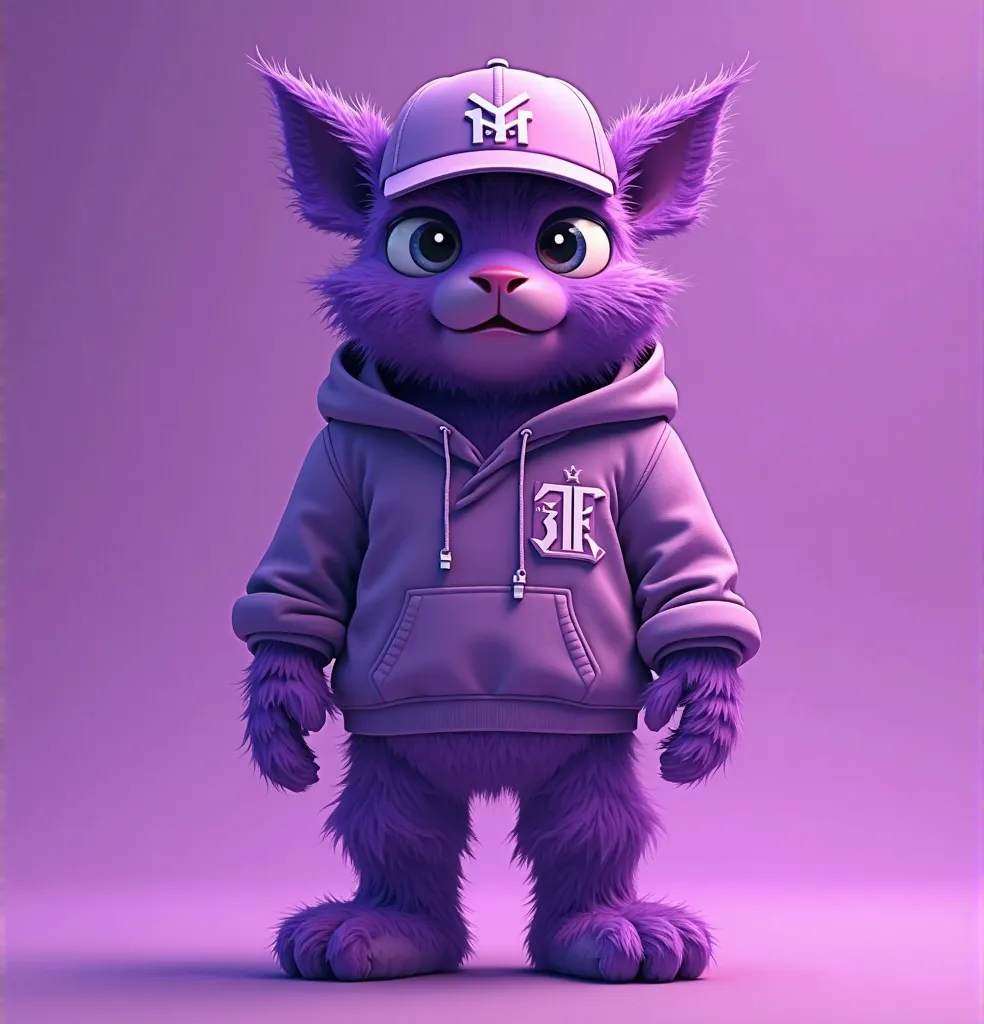 Now trending Monad testnet charater, combined with lil chogstar , standing, in purple background, purple body and purple head, wearing new era hat, wearing hoddie