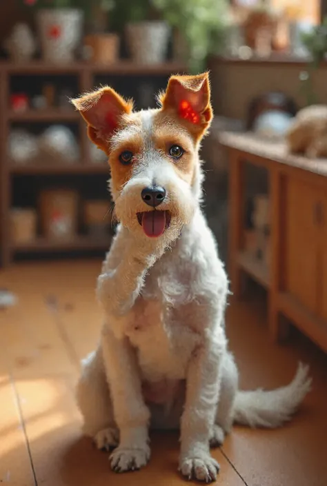 High angle shot: A realistic wire fox terrier dog sits in a well-lit animal shop and hides its nose with a paw. The dog's ears perk up, and its tail wags excitedly. Soft, diffused lighting highlights the dog's textured fur. The background features a cozy, ...