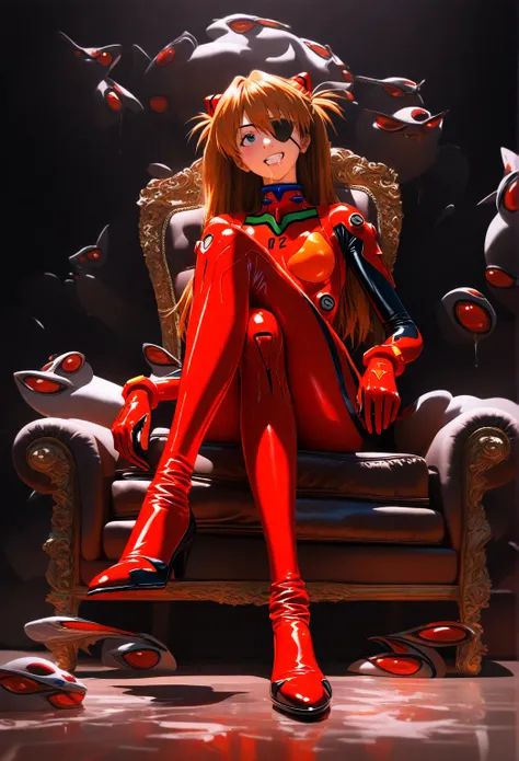 1girl, souryuu asuka langley, neon genesis evangelion, eyepatch, red plugsuit, sitting, on throne, crossed legs, head tilt, shy expression, looking up, blushing, (white Evangelion creature:1.2), massive frame, wide grin, large mouth, leaning towards Asuka,...