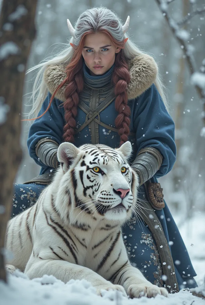 Woman with dark red hair, green eyes with yellow, wearing gray fighting gear, in a snowy white forest, on top of a white tiger facing a tall man with pointy ears, long white hair and light blue eyes, wearing navy blue tunic

