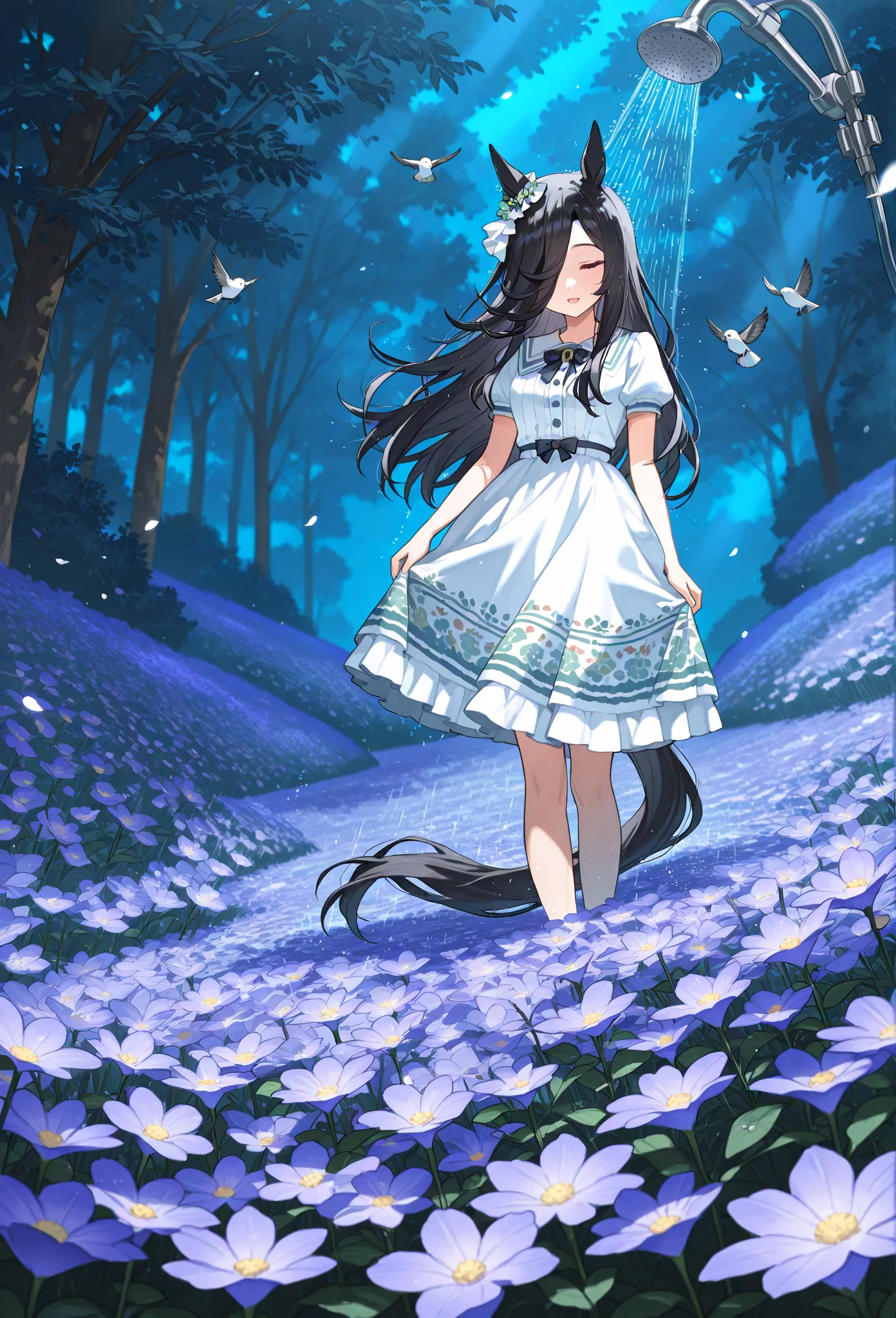 rice shower ( Uma Musume),   horse ears,    black hair、  animal ears,   The hair hangs down to hide one eye, horse Tail,   horse  girl , Tail, length 、Singing with small birds、Flower Field