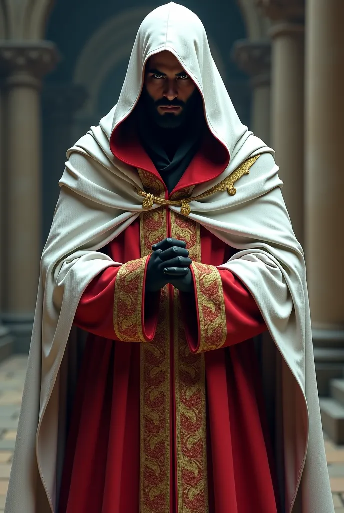 (photorealism:1.2), man wearing a hooded robe covering the eyes, stark white and red with intricate gold trim, pious and devout