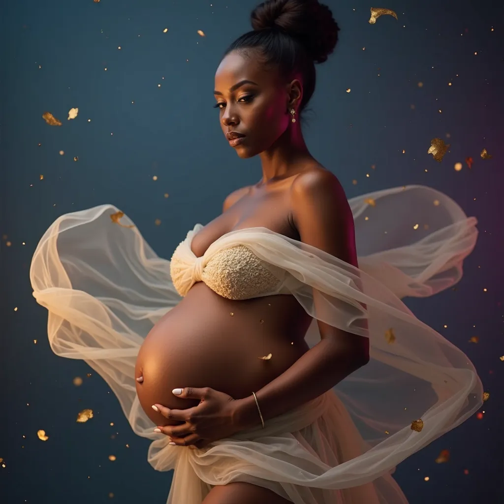 "Ultra-detailed studio image of a pregnant Black woman with caramel skin, appearing to levitate in the air as translucent fabrics swirl around her, covering her chest while exposing her belly. The lighting is soft and ethereal, casting a golden glow on her...