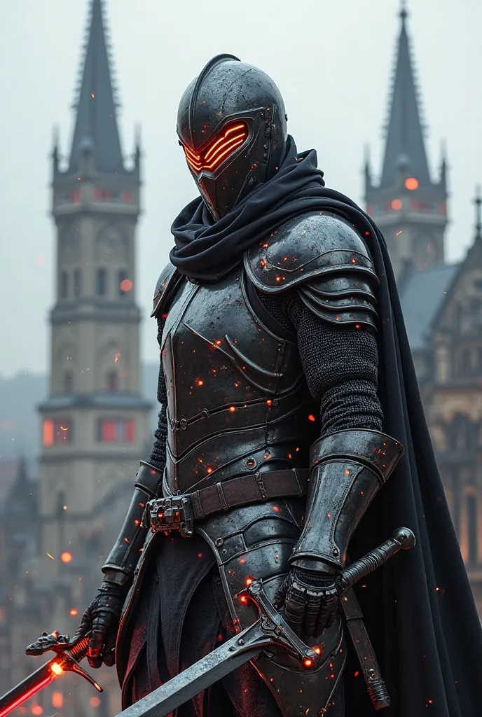 "A masked warrior blending medieval knight aesthetics with high-tech combat gear, wearing a sleek energy-infused visor inspired by the medieval Dukes of Burgundy. His armor is reinforced with diamond nanotechnology, making it nearly indestructible. He wiel...