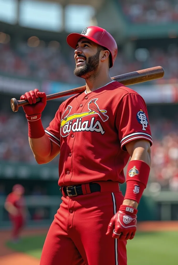 realistic image of an adult handsome male baseball player with a bat in a red uniform rejoices in victory, side view 