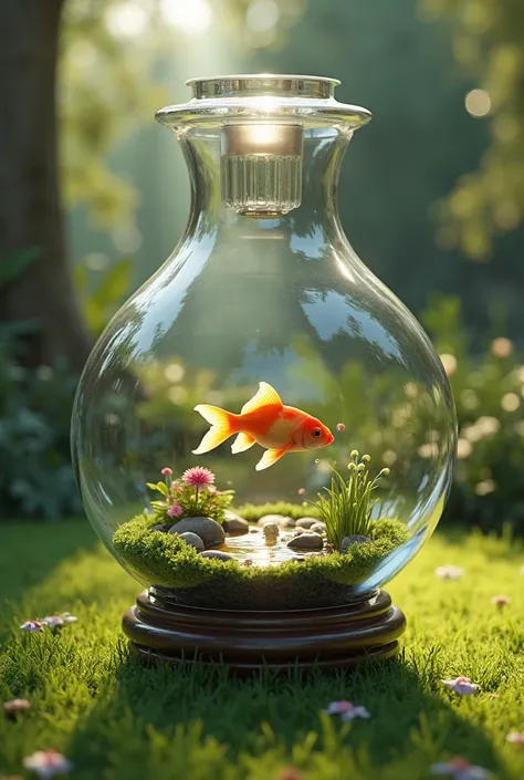 highly detailed transparent glass lamp with a miniature fantasy scene inside. A small fish pond with a goldfish swimming inside. A lush green lawn in the background, creating a magical atmosphere. The lamp reflects a soft cinematic light, enhancing the rea...